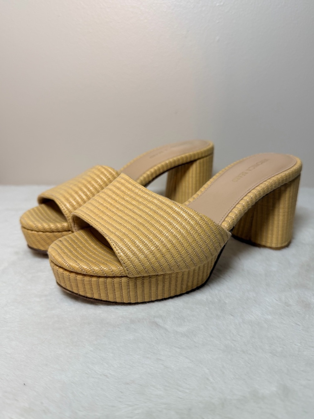 Veronica Beard Dali Platform Slide Sandals in Natural Raffia Size 5.5M Leather